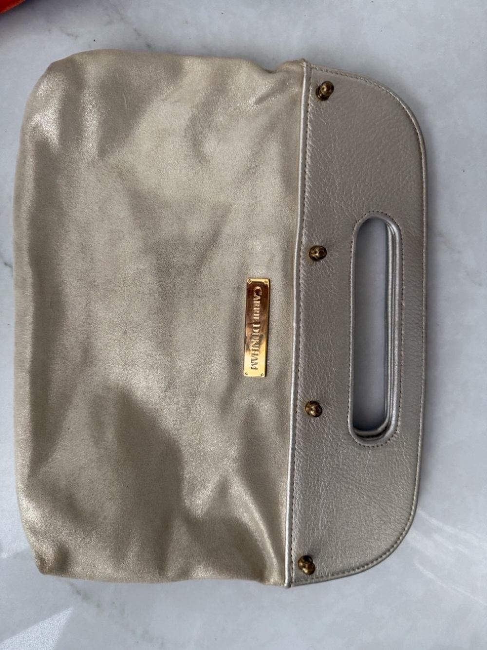 Carrie Dunham Metallic Clutch Base & Interchangeable Orange Suede Fringe Cover